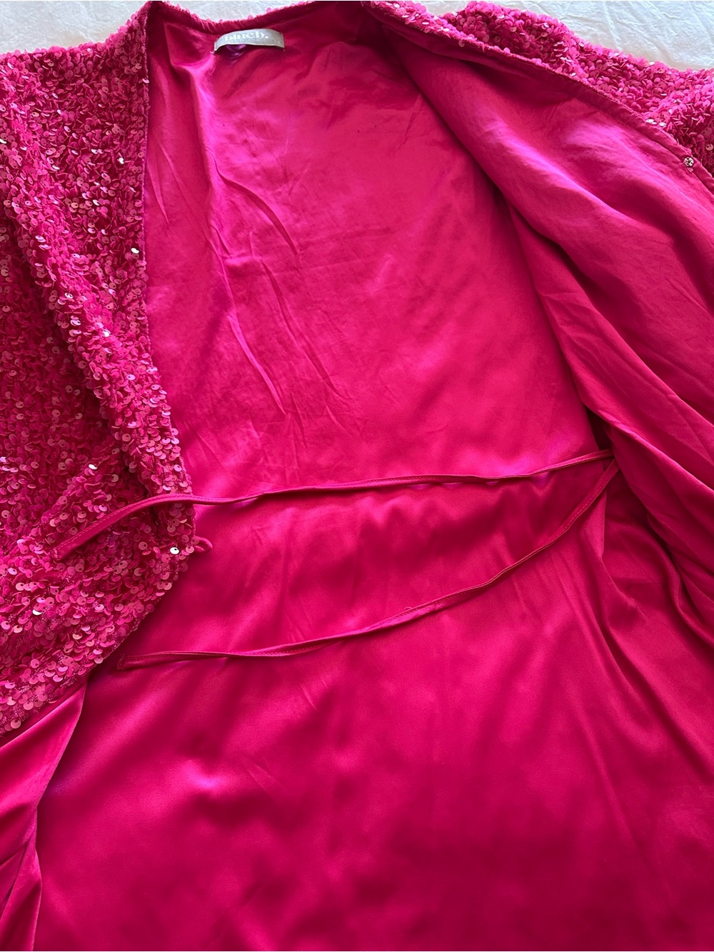 Blue B Collection, Bright Pink Sequin Wrap Mini Dress with Belt, size large - Picture 16 of 16